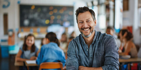 Fototapeta premium Smiling male teacher in a classroom with students