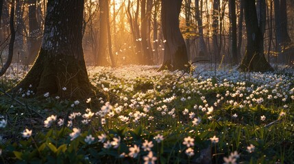 Enchanting springtime scene with a stunning white carpet of wood anemone