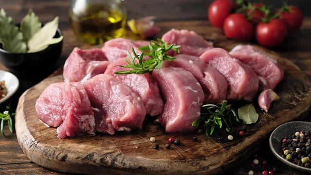 Raw pork tenderloin meat sliced medallions, close-up. Stock video 4k