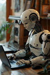 Fototapeta premium A humanoid robot works in an office on a laptop