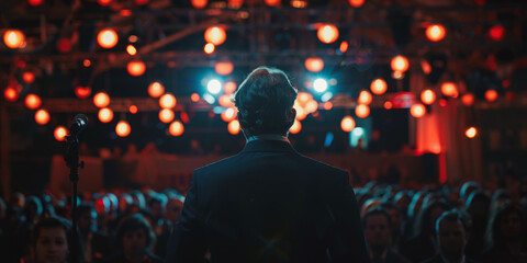 Obraz premium Rear view of speaker addressing conference audience