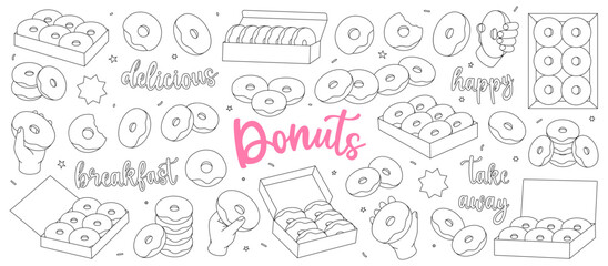 Donuts outline set. Glazed doughnuts with sprinkles. Bakery sweet pastry food. Hand drawn elements for confectionery menu, bakery shop.