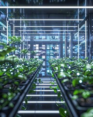 Rows of tomato plants growing inside big industrial greenhouse. Industrial agriculture. AI generated illustration