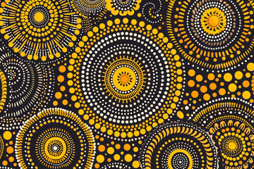 Abstract design featuring yellow black and white concentric circles with intricate patterns