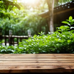Empty wood tabletop tea garden banner background.