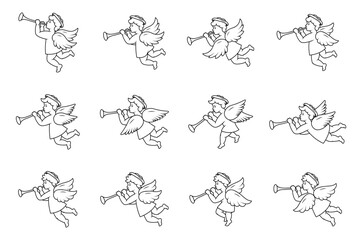 Cherub outline set. Angel with a wings. Herald angel blowing trumpet. Cherub blowing into a tube.