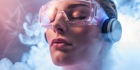 Naklejka premium A Moment of Tranquility: A Woman in Goggles and Headphones Immersed in a Cryogenic Chamber, Bathed in Ethereal Light