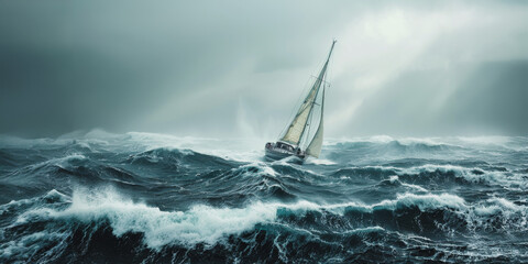 Sailboat navigating rough seas during a stormy day