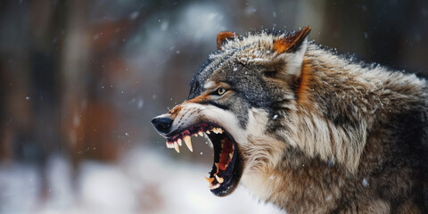 A ferocious wolf howls in a snowy forest