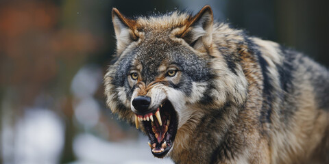 Obraz premium Close-up portrait of an angry wolf in a forest