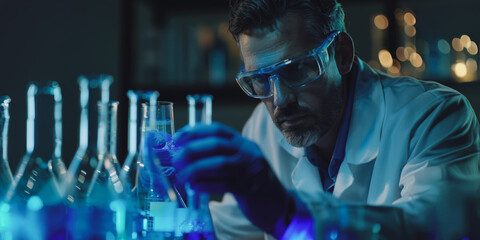 Scientist analyzing blue liquid in laboratory at night