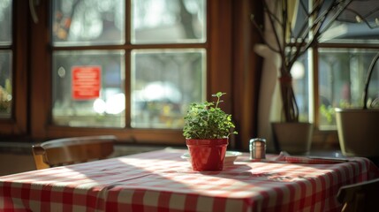Fototapeta premium Table cloth in red and white checkered pattern adorns a table