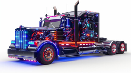 Naklejka premium American truck, tractor, decorated in neon lighting, on a white background