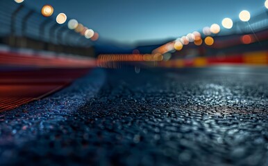 Fototapeta premium Race Track Night Close-Up, Empty Cinematic Wet Pavement, Illuminated Straight Track Reflections