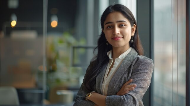 Confident young Indian businesswoman smiles by window in meeting room.