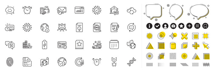 Set of Update comments, Chemistry dna and Fingerprint line icons for web app. Design elements, Social media icons. 5g internet, Web traffic, Alarm clock icons. Vector