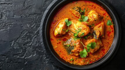 Bengali Fish Curry in an black bowl on dark slate table Traditional Indian dish from Asia Overhead view Blank space available