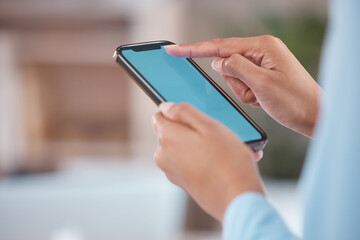 Business person, hands and mobile screen in office for social media, communication or networking. Closeup, online and temp employee with smartphone for company FAQ, scroll internet or reading news