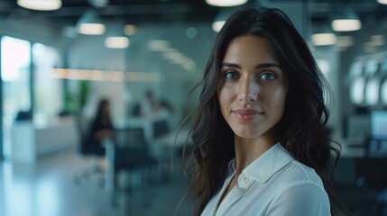 Naklejka premium Successful businesswoman smiling in creative office with team.