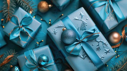 Christmas gifts wrapped in blue craft paper with ribbons and ornaments