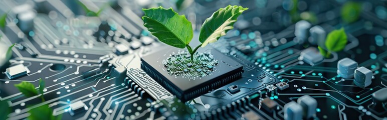 Tree growing on the converging point of computer circuit board. Green computing, technology, IT, CSR, and IT ethics. Environment technology. AI generated illustration