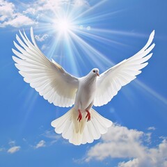 Obraz premium Beautiful white dove flying in a clear blue sky with bright sunlight. Peaceful and serene scene. Representing purity, hope, and freedom. Ideal for concept art or inspiration. AI