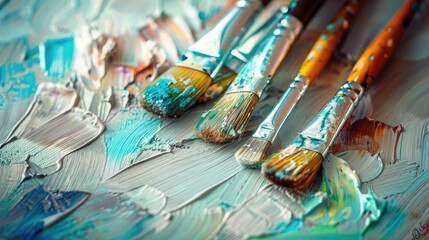 Fototapeta premium Paint brushes placed on a painted surface