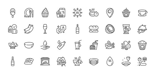 Hamburger, Pasta and Espresso line icons pack. AI, Question and Answer, Map pin icons. Water care, Food delivery, Overeating pills web icon. Cupcake, Food order, Brandy bottle pictogram. Vector