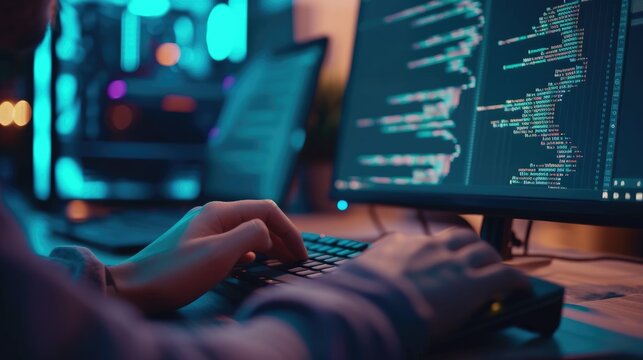 Close-up of a programmer's hands typing on a backlit keyboard, with lines of code displayed across multiple computer screens. AIG41