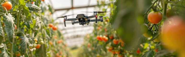 Mini drone flying in a greenhouse with tomato crop. AI generated illustration
