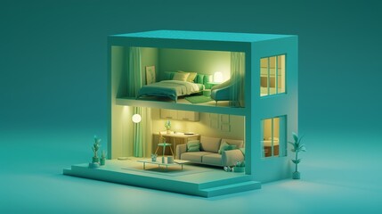 A light blue-green two-storey cottage, night, warm white bright light atmosphere, living room, bedroom, kitchen, isometric view, 3D, rich detail, solid color background 