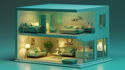 A light blue-green two-storey cottage, night, warm white bright light atmosphere, living room, bedroom, kitchen, isometric view, 3D, rich detail, solid color background 