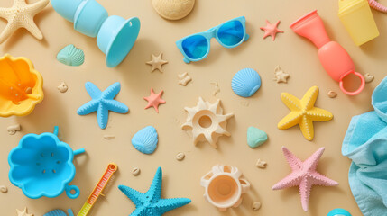 Flat view of beach toys, sand molds, a towel, and baby sunglasses on a beige background