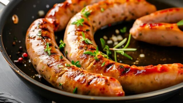 Fried sausages with garlic and herbs in a pan. On the black Board. Space for text.