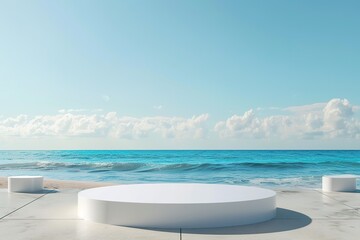 Fototapeta premium Empty modern white podium for show product display with blue sea and sky background
