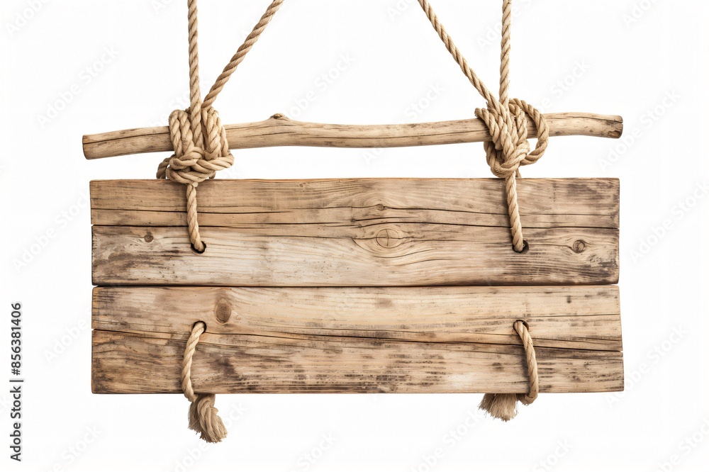 Poster isolated photo of a wooden signboard with a textured surface and rustic rope hanging loops, ideal fo