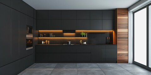 Modern black kitchen with built-in cabinets and under-cabinet lighting