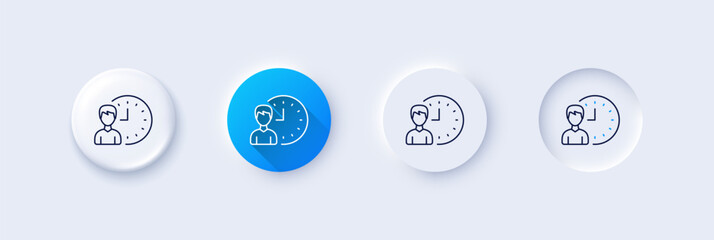 Business project deadline line icon. Neumorphic, Blue gradient, 3d pin buttons. Working hours or Time management sign. Line icons. Neumorphic buttons with outline signs. Vector