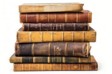 Neat stack of old, antique books with ornate spines isolated on a white background, conveying a sense of history and knowledge