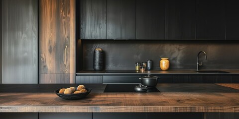Modern kitchen with dark wood cabinets and built-in appliances
