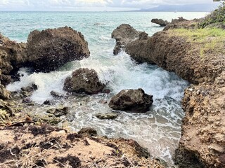 view of a rocky and wild seaside of Guadeloupe in the French West Indies

