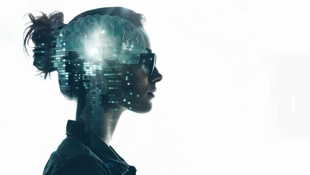 an AI themed double exposure with the silhouette of a woman wearing glasses and digital brain imagery, symbolizing artificial intelligence technology in business innovation Generative AI