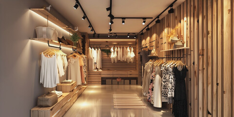 Modern boutique retail store interior design with wooden accents and track lighting