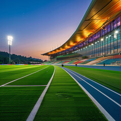 A stadium with a green field and a blue track. The stadium is lit up at night