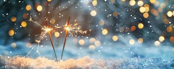 Obraz premium Two burning sparklers in the snow, surrounded by a magical, snowy scene. Perfect for festive and celebratory occasions, capturing the beauty of winter. Free copy space for text.