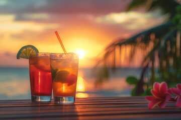 cocktail on the beach, A picturesque image of drinks with a blurred beach and sunset in the...
