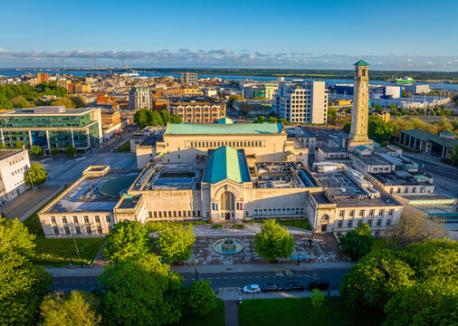 Aerial view of SeaCity Museum in Southampton, a port city in Hampshire, England