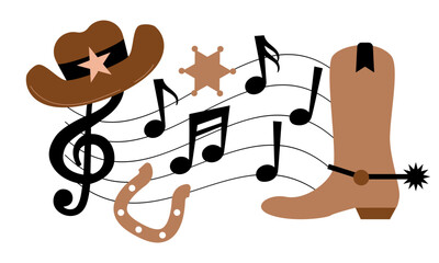 Country music sign. Cowboy hat with country music. Poster of country live music festival. Concert banner template with guitar and cowboy hat western style. Symbols of country music © Katsiaryna Hatsak