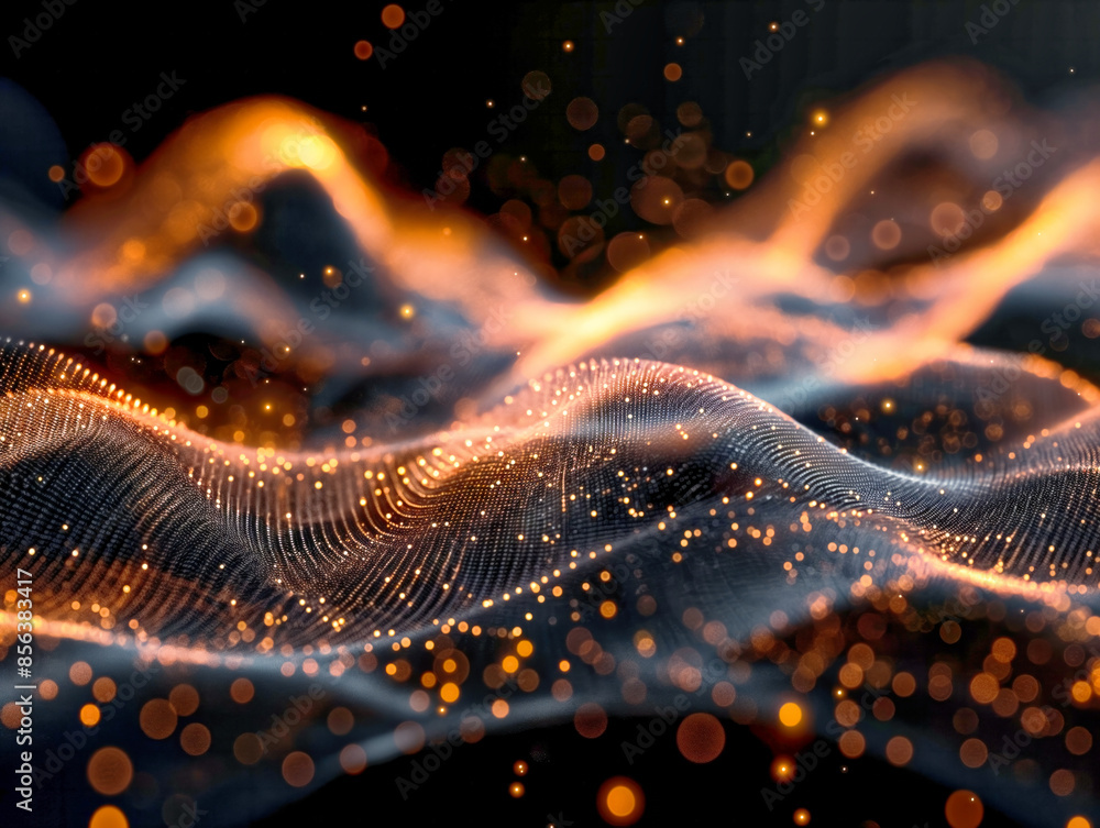 Wall mural the image is a blurry, abstract representation of a wave with a lot of glowing dots. scene is one of