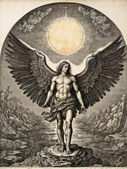 Engraving, Icarus flying too close to the sun on wings of wax and feathers